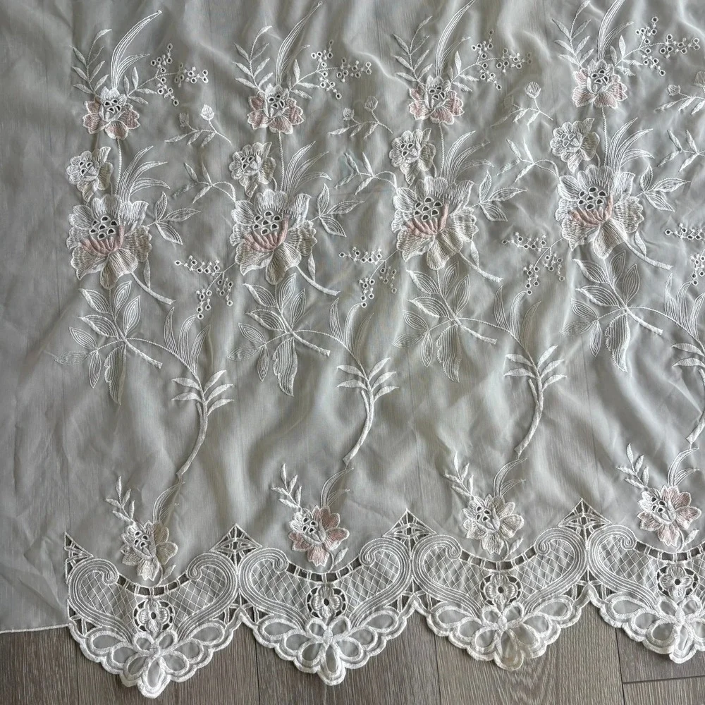 Vintage Floral Embroidered Sheer Fairy Curtain Panel Ivory Pink Lace Trim 71x56